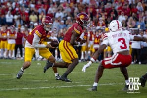USC Trojan quarterback Jayden Maiava (14) fakes the hand-off and runs for a touchdown agains the Nebraska Cornhuskers in the fourth quarter during a college football game Saturday, November 16, 2024 in Los Angeles, California. Photo by John S. Peterson.