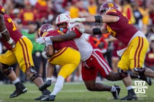 Nebraska Cornhusker defensive lineman Jimari Butler (10) tackles USC Trojan running back Quinten Joyner (0) in the fourt quarter during a college football game Saturday, November 16, 2024 in Los Angeles, California. Photo by John S. Peterson.