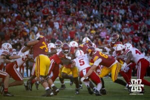 Nebraska Cornhusker linebacker John Bullock (5) tackles USC Trojan running back Quinten Joyner (0) in the fourth quarter during a college football game Saturday, November 16, 2024 in Los Angeles, California. Photo by John S. Peterson.