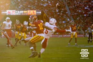 Nebraska Cornhusker linebacker John Bullock (5) breaks up a pass intended to USC Trojan wide receiver Kyron Hudson (10) in the fourth quarter during a college football game Saturday, November 16, 2024 in Los Angeles, California. Photo by John S. Peterson.