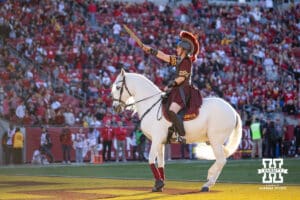 USC Trojans macot holds the sword out to light the torch at the Coliseum at the end of the third quarter during a college football game Saturday, November 16, 2024 in Los Angeles, California. Photo by John S. Peterson.