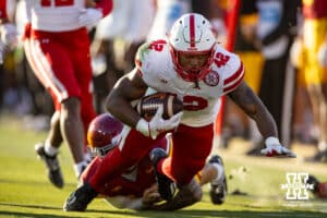 Nebraska Cornhusker linebacker Mikai Gbayor (42) recovers a fumble against the USC Trojans in the third quarter during a college football game Saturday, November 16, 2024 in Los Angeles, California. Photo by John S. Peterson.