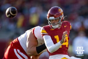 Nebraska Cornhusker defensive lineman Ty Robinson (9) knocks the ball loose from USC Trojan quarterback Jayden Maiava (14) in the third quarter during a college football game Saturday, November 16, 2024 in Los Angeles, California. Photo by John S. Peterson.