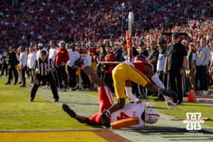 Nebraska Cornhusker wide receiver Jahmal Banks (4) just short of a touchdown in the third quarter against USC Trojan cornerback DeCarlos Nicholson (17) during a college football game Saturday, November 16, 2024 in Los Angeles, California. Photo by John S. Peterson.