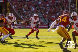 Nebraska Cornhusker running back Emmett Johnson (21) runs with the ball against USC Trojans in the third quarter during a college football game Saturday, November 16, 2024 in Los Angeles, California. Photo by John S. Peterson.