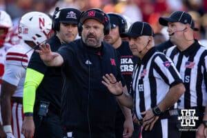 Nebraska Cornhusker head coach Matt Rhule talks to the referee in the second quarter during a college football game against the USC Trojans Saturday, November 16, 2024 in Los Angeles, California. Photo by John S. Peterson.