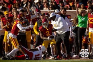 USC Trojan cornerback Jaylin Smith (2) makes an interception against Nebraska Cornhusker wide receiver Isaiah Neyor (18) in the third quarter during a college football game Saturday, November 16, 2024 in Los Angeles, California. Photo by John S. Peterson.