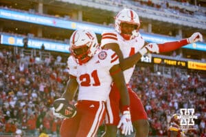 Nebraska Cornhusker running back Emmett Johnson (21) celebraes a touchdown with wide receiver Jahmal Banks (4) in the second quarter against the USC Trojans during a college football game Saturday, November 16, 2024 in Los Angeles, California. Photo by John S. Peterson.