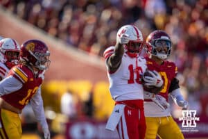 Nebraska Cornhusker wide receiver Janiran Bonner (16) signals first down against the USC Trojans during a college football game Saturday, November 16, 2024 in Los Angeles, California. Photo by John S. Peterson.