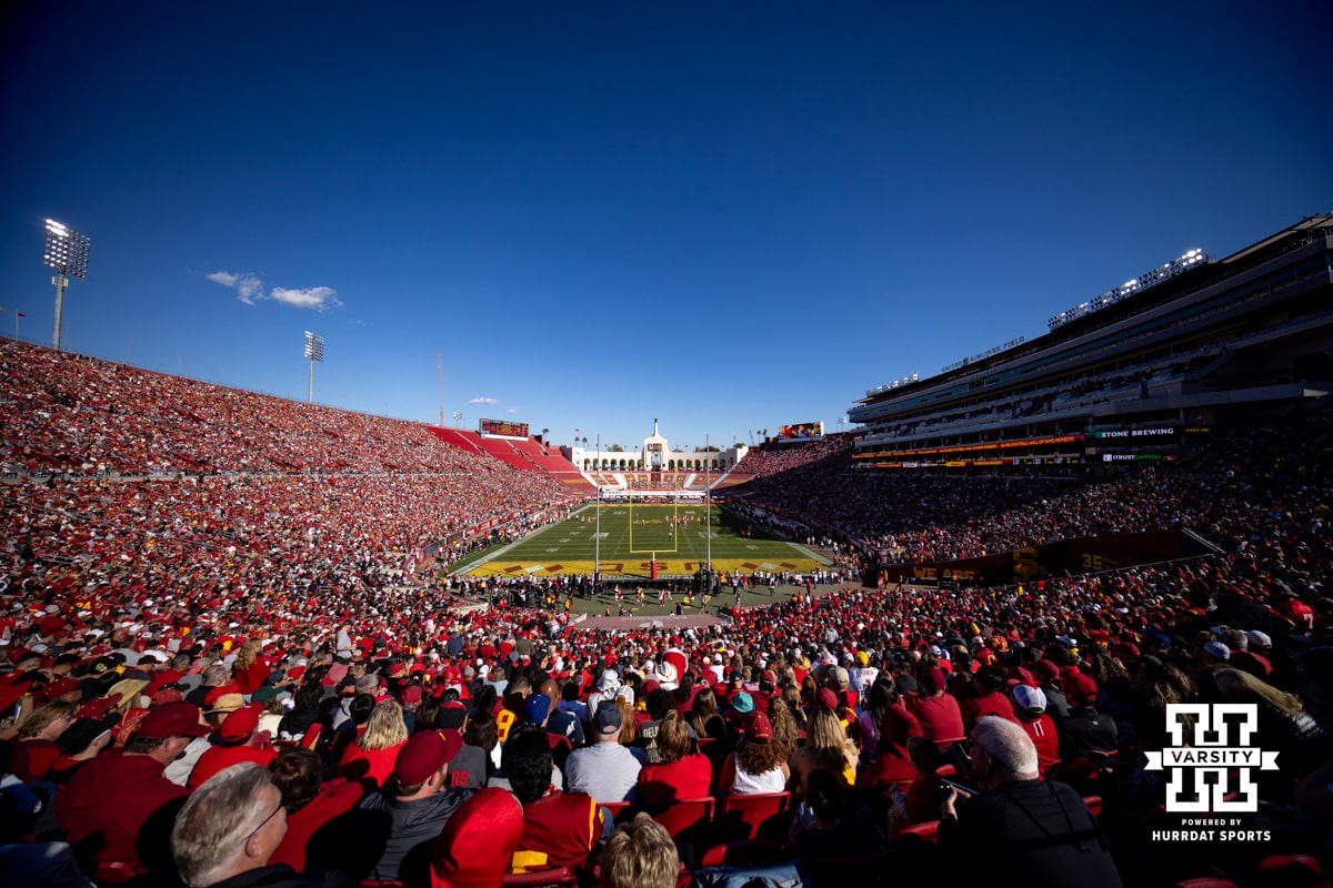 A photo of the the Los Angeles Coliseum during a college football game between the Nebraska Cornhuskers and the USC Trojans Saturday, November 16, 2024 in Los Angeles, California. Photo by John S. Peterson.