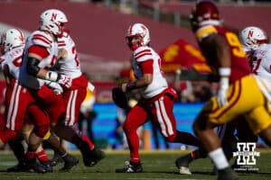 Nebraska Cornhusker quarterback Dylan Raiola (15) scrambles with the ball in the first quarter against the USC Trojans during a college football game Saturday, November 16, 2024 in Los Angeles, California. Photo by John S. Peterson.