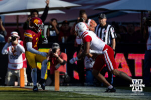 USC Trojan wide receiver Zachariah Branch (1) gets spun around by Nebraska Cornhusker defensive back Tommi Hill (6) and scores at touchdown in the first quarter during a college football game Saturday, November 16, 2024 in Los Angeles, California. Photo by John S. Peterson.