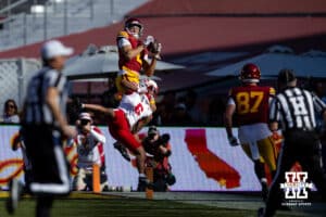 USC Trojan wide receiver Duce Robinson (2) makes a catch against Nebraska Cornhusker defensive back Tommi Hill (6) just short of the goal in the first quarter during a college football game Saturday, November 16, 2024 in Los Angeles, California. Photo by John S. Peterson.