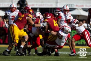 Nebraska Cornhusker defensive lineman Nash Hutmacher (0) tackles USC Trojan running back Woody Marks (4) in the first quarter during a college football game Saturday, November 16, 2024 in Los Angeles, California. Photo by John S. Peterson.