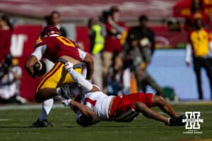 Nebraska Cornhusker defensive back Malcolm Hartzog Jr. (7) tackles USC Trojan running back Quinten Joyner (0) in the first quarter during a college football game Saturday, November 16, 2024 in Los Angeles, California. Photo by John S. Peterson.