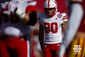 Nebraska Cornhusker place kicker John Hohl (90) lines up an extra-point against the USC Trojans in the first quarter during a college football game Saturday, November 16, 2024 in Los Angeles, California. Photo by John S. Peterson.
