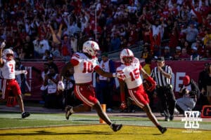 Nebraska Cornhusker defensive back Ceyair Wright (15) intercepts a pass against the USC Trojans for a touchdown in the first quarter during a college football game Saturday, November 16, 2024 in Los Angeles, California. Photo by John S. Peterson.
