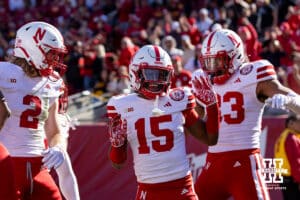 Nebraska Cornhusker defensive back Ceyair Wright (15) celebrate his touchdown with Isaac Gifford (2) and Javin Wright (33) against the USC Trojans in the first quarter during a college football game Saturday, November 16, 2024 in Los Angeles, California. Photo by John S. Peterson.