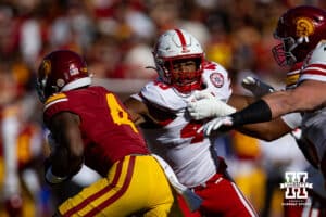 Nebraska Cornhusker linebacker MJ Sherman (48) reaches to grab USC Trojan running back Woody Marks (4) in the first quarter during a college football game Saturday, November 16, 2024 in Los Angeles, California. Photo by John S. Peterson.