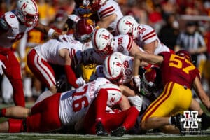 Nebraska Cornhuskers pile on USC Trojan wide receiver Zachariah Branch (1) in the first quarter during a college football game Saturday, November 16, 2024 in Los Angeles, California. Photo by John S. Peterson.