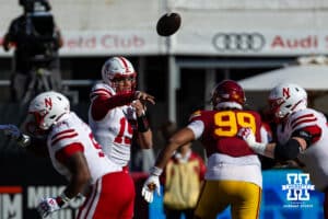 Nebraska Cornhusker quarterback Dylan Raiola (15) throws the ball against the USC Trojans in the first quarter during a college football game Saturday, November 16, 2024 in Los Angeles, California. Photo by John S. Peterson.