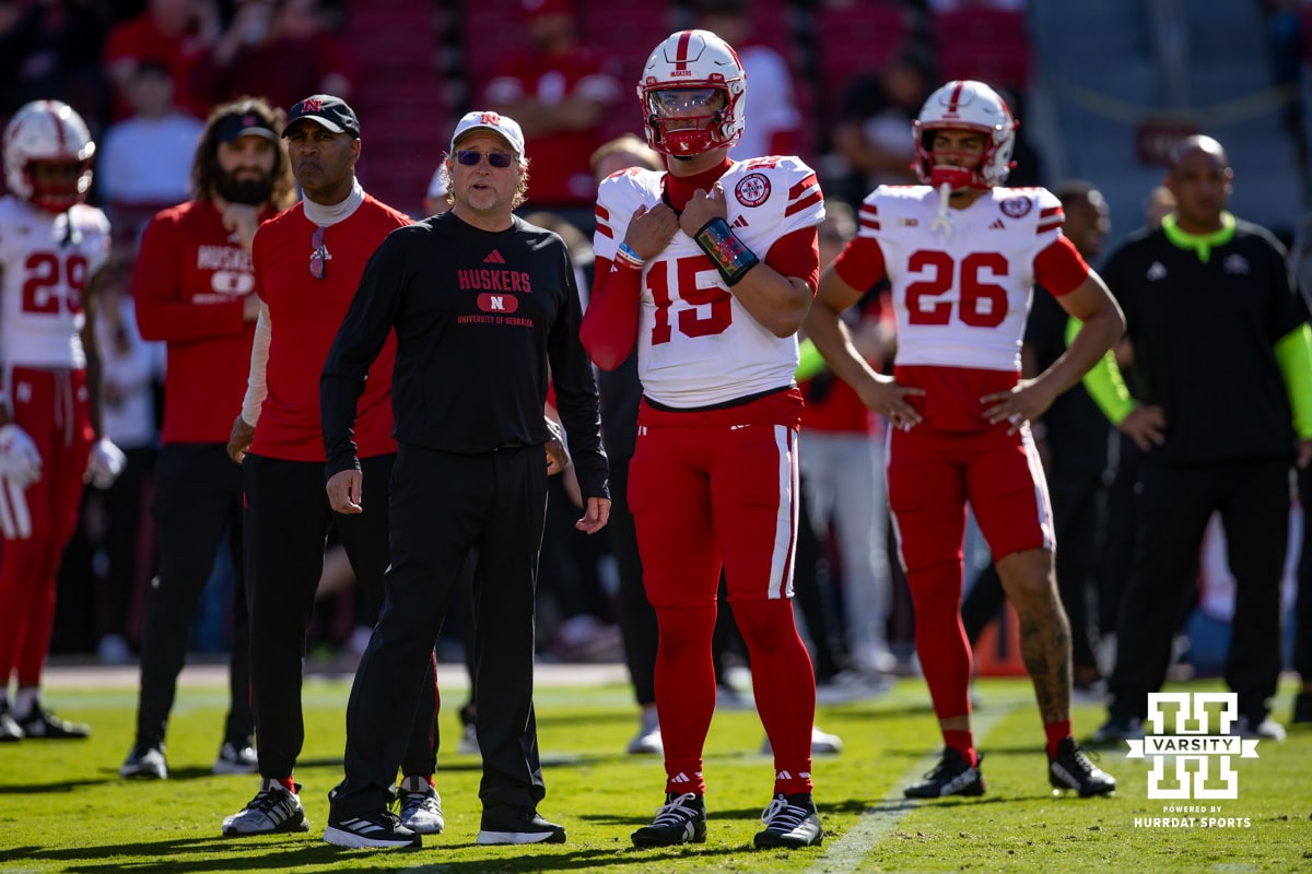 Nebraska Football at USC – November 16, 2024. Nebraska Cornhuskers new offensive coordinator Dana Holgorsen and quarterback Dylan Raiola (15) have a talk during warm ups before a college football game against the USC Trojans Saturday, November 16, 2024 in Los Angeles, California. Photo by John S. Peterson.