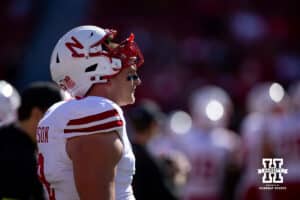 Nebraska Cornhusker defensive lineman Ty Robinson (9) warming up before a college football game against the USC Trojans Saturday, November 16, 2024 in Los Angeles, California. Photo by John S. Peterson.