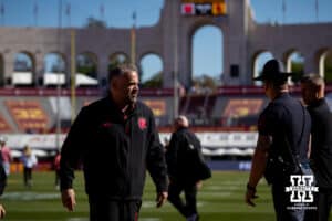 Nebraska Cornhusker head coach Matt Rhule heads to the locker room before a college football game against the USC Trojans Saturday, November 16, 2024 in Los Angeles, California. Photo by John S. Peterson.