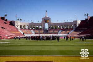 Nebraska Cornhuskers meet at the center of the field before a college football game against the USC Trojans Saturday, November 16, 2024 in Los Angeles, California. Photo by John S. Peterson.