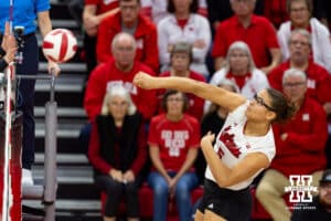 Nebraska Cornhusker Rebekah Allick (5) spikes the ball against the Minnesota Golden Gophers in the third set during a college volleyball match Thursday, November 14, 2024, in Lincoln, Nebraska. Photo by John S. Peterson.