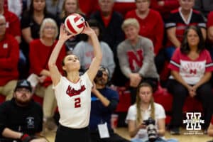 Nebraska Cornhusker Bergen Reilly (2) sets the ball against Minnesota Golden Gophers in the third set during a college volleyball match Thursday, November 14, 2024, in Lincoln, Nebraska. Photo by John S. Peterson.