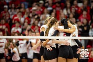Nebraska Cornhuskers huddle up in the second set against the Minnesota Golden Gophers during a college volleyball match Thursday, November 14, 2024, in Lincoln, Nebraska. Photo by John S. Peterson.
