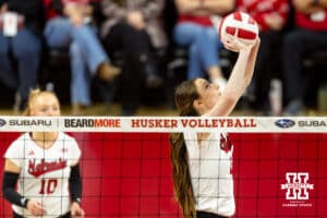 Nebraska Cornhusker Bergen Reilly (2) sets the ball against the Minnesota Golden Gophers in the first set during a college volleyball match Thursday, November 14, 2024, in Lincoln, Nebraska. Photo by John S. Peterson.