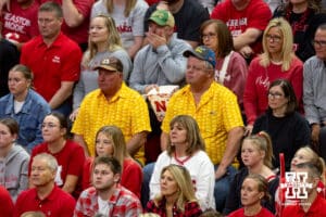 Nebraska Cornhuskers fans wear corn shirts against the Minnesota Golden Gophers during a college volleyball match Thursday, November 14, 2024, in Lincoln, Nebraska. Photo by John S. Peterson.