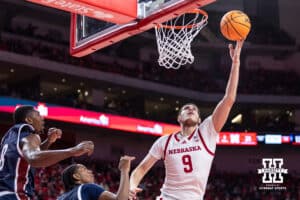 Nebraska Cornhusker forward Berke Buyuktuncel (9) makes a layup against the Fairleigh Dickinson Knights in the first half during a college basketball game Wednesday, November 13, 2024, in Lincoln, Nebraska. Photo by John S. Peterson.