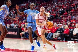 Nebraska Cornhusker guard Alberte Rimdal (5) drives to the basket against Southern Lady Jaguar guard Jocelyn Tate (10) in the second half during a college basketball game Tuesday, November 12, 2024, in Lincoln, Nebraska. Photo by John S. Peterson.