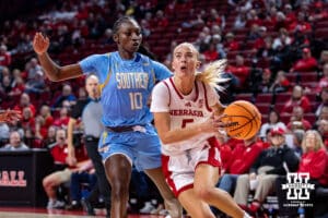 Nebraska Cornhusker guard Alberte Rimdal (5) drives the basket against Southern Lady Jaguar guard Jocelyn Tate (10) in the second half during a college basketball game Tuesday, November 12, 2024, in Lincoln, Nebraska. Photo by John S. Peterson.