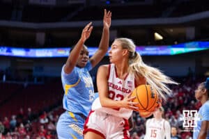 Nebraska Cornhusker forward Natalie Potts (22) looks to pass against Southern Lady Jaguar forward DeMya Porter (24) in the second half during a college basketball game on Tuesday, November 12, 2024, in Lincoln, Nebraska. Photo by John S. Peterson.