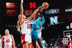 Nebraska Cornhusker Natalie Potts (22) blocks Southern Lady Jaguar Diamond Hunter (0) during a college basketball game on Tuesday, November 12, 2024, in Lincoln, Nebraska. Photo by Charlotte A. Gottfried.