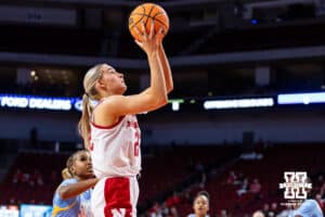 Nebraska Cornhusker forward Natalie Potts (22) makes a layup against the Southern Lady Jaguars in the second half during a college basketball game Tuesday, November 12, 2024, in Lincoln, Nebraska. Photo by John S. Peterson.