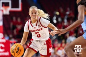 Nebraska Cornhusker guard Alberte Rimdal (5) dribbles the ball against the Southern Lady Jaguars during a college basketball game Tuesday, November 12, 2024, in Lincoln, Nebraska. Photo by John S. Peterson.
