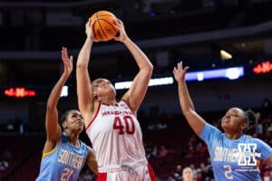Nebraska Cornhusker center Alexis Markowski (40) makes a layup against Southern Lady Jaguar guard Aleighyah Fontenot (2) in the second half during a college basketball game Tuesday, November 12, 2024, in Lincoln, Nebraska. Photo by John S. Peterson.