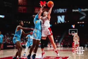 Nebraska Cornhusker Allison Weidner (3) goes for a layup against Southern Lady Jaguar guard Aniya Gourdine (1) in the first half during a college basketball game on Tuesday, November 12, 2024, in Lincoln, Nebraska. Photo by Charlotte A. Gottfried.