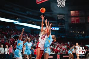 Nebraska Cornhuskers Natalie Potts (22) shoots against the Southern Lady Jaguars during a college basketball game Tuesday, November 12, 2024, in Lincoln, Nebraska. Photo by Charlotte A. Gottfried.