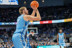 Isaac Traudt shoots a 3 pointer during a college basketball game November 10th, 2024 in Omaha Nebraska. Photo by Brandon Tiedemann.