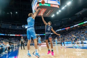 Isaac Traudt shoots a 3 pointer during a college basketball game November 10th, 2024 in Omaha Nebraska. Photo by Brandon Tiedemann.
