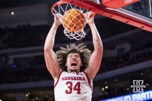 Nebraska Cornhusker center Braxton Meah (34) makes a dunk in the second half against the Bethune-Cookman Wildcats during a college baskteball game Saturday, November 9, 2024, in Lincoln, Nebraska. Photo by John S. Peterson.