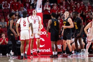 Nebraska Cornhusker forward Berke Buyuktuncel (9) celebrates after making a dunk against the Bethune-Cookman Wildcats in the first half during a college baskteball game Saturday, November 9, 2024, in Lincoln, Nebraska. Photo by John S. Peterson.