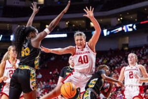 Nebraska Cornhusker center Alexis Markowski (40) fouled while trying to make a lay up agaisnt SE Louisiana Lady Lions during a women’s college baskteball game Saturday, November 9, 2024, in Lincoln, Nebraska. Photo by John S. Peterson.