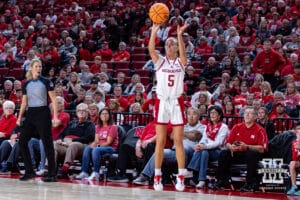 SE Louisiana Lady Lion guard Taylor Bell (5) makes a three point shot in the second half against the SE Louisiana Lady Lions during a women’s college baskteball game Saturday, November 9, 2024, in Lincoln, Nebraska. Photo by John S. Peterson.
